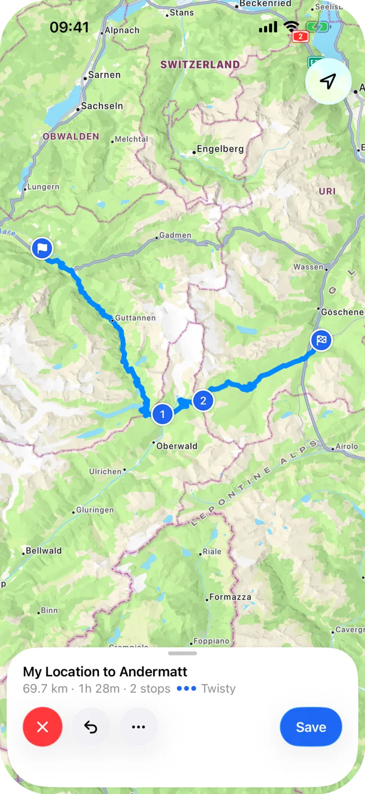 ScoutRoute's route planner: a 69.7 km Twisty route to Andermatt over the Grimsel and Furka passes, ready to save