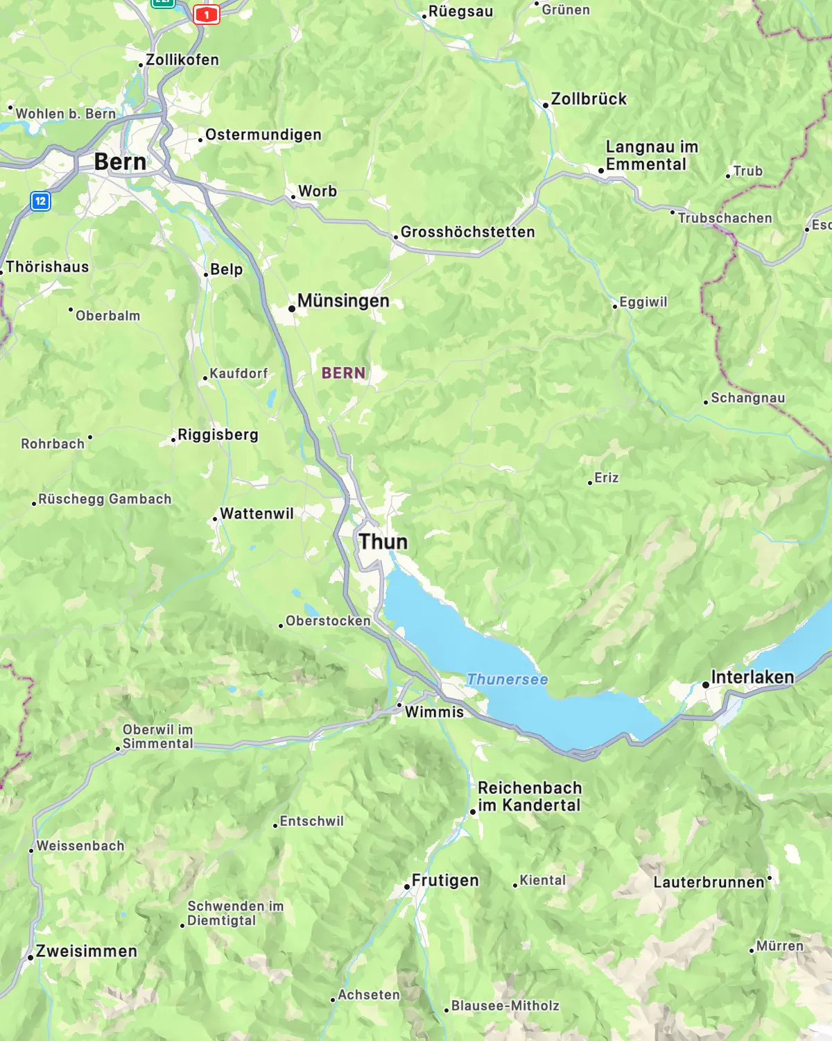 Map of Bern, Thun and Interlaken in the Bernese Oberland, where the ScoutRoute planner demo draws its routes