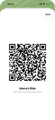ScoutRoute screen: A group ride invite as a QR code