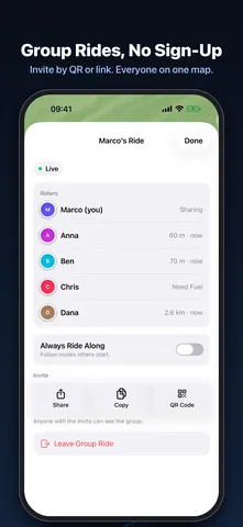 ScoutRoute App Store screenshot: Group Rides, No Sign-Up